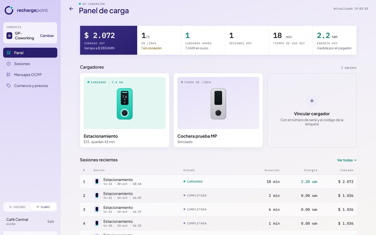 Panel de carga con los cargadores en vivo y lo cobrado en el día